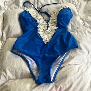Blue and White Lace One Piece with Elegant Trim. Like New